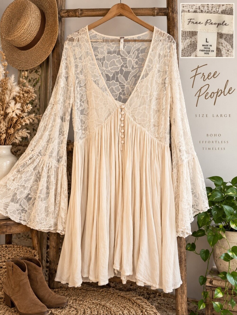 Boho Lace Bell-Sleeve Women’s Top - Cream Size Large